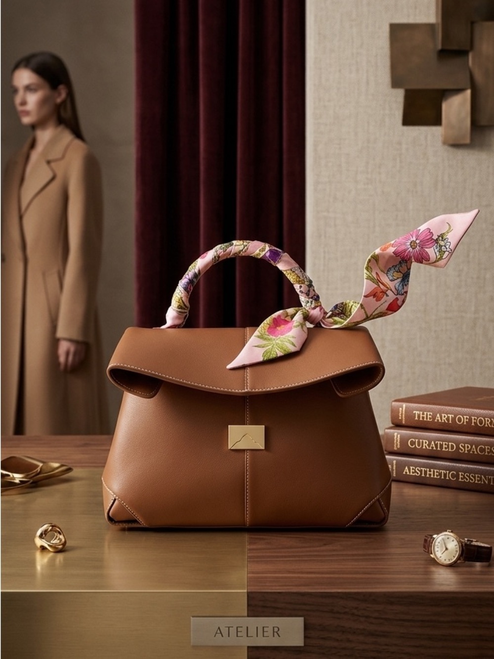 Atelier Sona Brown Leather Satchel with Pink Floral Scarf-Trim